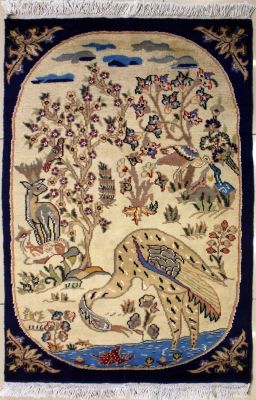 2'6x4'4 Pak Persian Area Rug with Silk & Wool Pile - Pictorial Hunting Shikargah Design | Hand-Knotted in White