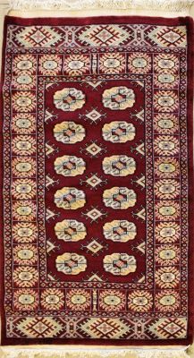 2'6x3'11 Bokhara Jaldar Area Rug with Wool Pile - Special Mori Bokhara Elephant Foot Design | Hand-Knotted in Red