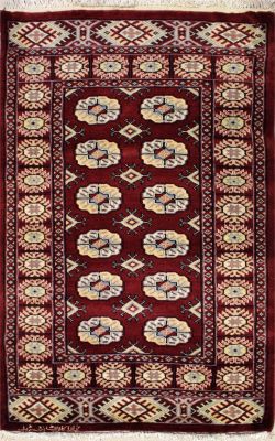 2'7x3'11 Bokhara Jaldar Area Rug with Wool Pile - Special Mori Bokhara Elephant Foot Design | Hand-Knotted in Red