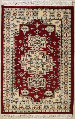 2'6x4'5 Caucasian Design Area Rug with Wool Pile - Geometric Design | Hand-Knotted in Red
