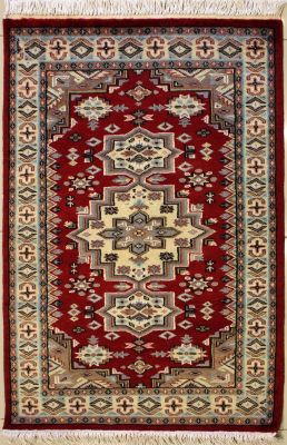 2'8x4'1 Caucasian Design Area Rug with Silk & Wool Pile - Geometric Design | Hand-Knotted in Red