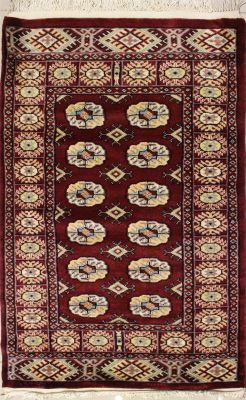2'6x4'2 Bokhara Jaldar Area Rug with Wool Pile - Special Mori Bokhara Elephant Foot Design | Hand-Knotted in Red