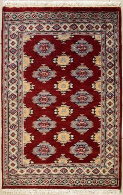 2'7x3'10 Bokhara Jaldar Area Rug with Wool Pile - Geometric Diamond Design | Hand-Knotted in Red