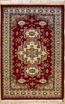 2'8x4'3 Caucasian Design Area Rug with Silk & Wool Pile - Geometric Elephant Foot Design | Hand-Knotted in Red