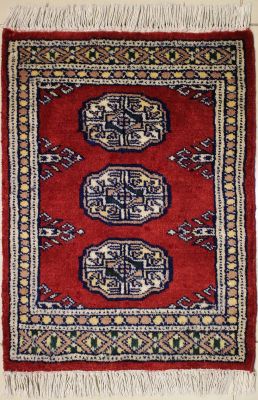 1'6x2'0 Bokhara Jaldar Area Rug with Wool Pile - Special Mori Bokhara Elephant Foot Design | Hand-Knotted in Red