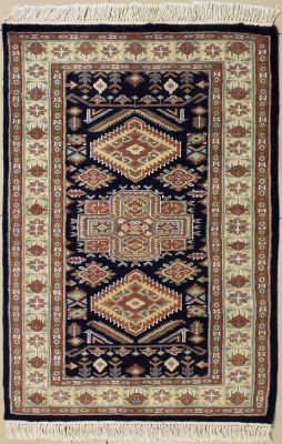 2'7x4'2 Caucasian Design Area Rug with Silk & Wool Pile - Geometric Diamond Design | Hand-Knotted in Blue