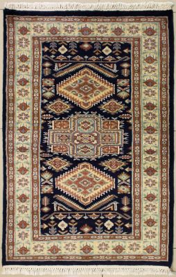 2'7x4'2 Caucasian Design Area Rug with Silk & Wool Pile - Geometric Diamond Design | Hand-Knotted in Blue