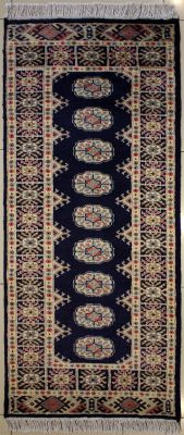 2'2x5'11 Bokhara Jaldar Area Rug with Wool Pile - Special Mori Bokhara Elephant Foot Design | Hand-Knotted in Blue