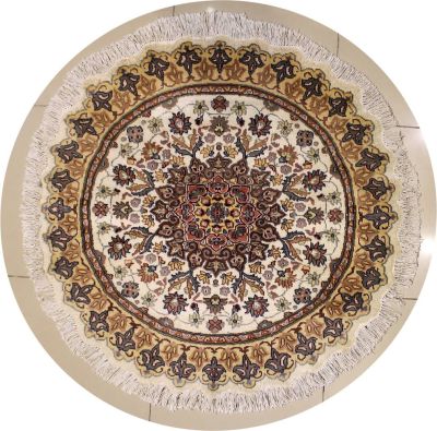 4'2x4'1 Pak Persian Area Rug with Silk & Wool Pile - Floral Design | Hand-Knotted in Ivory