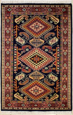 3'1x4'10 Caucasian Design Area Rug with Wool Pile - Geometric Diamond Design | Hand-Knotted in Blue