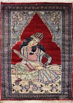 2'10x4'5 Pak Persian Area Rug with Silk & Wool Pile - Pictorial Umar-e-Khayyam Design | Hand-Knotted in Red