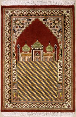 2'7x3'10 Pak Persian High Quality Area Rug with Silk & Wool Pile - Prayer Pictorial Design | Hand-Knotted in Reddish Brown
