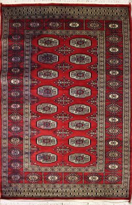 3'0x4'9 Bokhara Jaldar Area Rug with Wool Pile - Special Mori Bokhara Elephant Foot Design | Hand-Knotted in Red