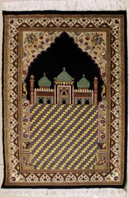 2'5x4'0 Pak Persian High Quality Area Rug with Wool Pile - Prayer Pictorial Design | Hand-Knotted in Black