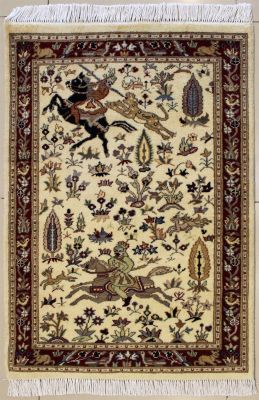 2'7x3'10 Pak Persian High Quality Area Rug with Wool Pile - Pictorial Hunting Shikargah Design | Hand-Knotted in White