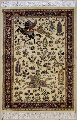2'7x3'11 Pak Persian High Quality Area Rug with Wool Pile - Pictorial Hunting Shikargah Design | Hand-Knotted in White