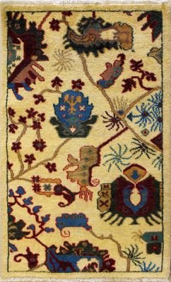 2'6x4'2 Chobi Ziegler Area Rug made using Vegetable dyes with Wool Pile - Floral Design | Hand-Knotted in Gold