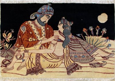 2'11x4'0 Pak Persian Area Rug with Wool Pile - Pictorial Umar-e-Khayyam Design | Hand-Knotted in Black