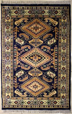 3'1x5'0 Caucasian Design Area Rug with Silk & Wool Pile - Geometric Diamond Design | Hand-Knotted in Blue