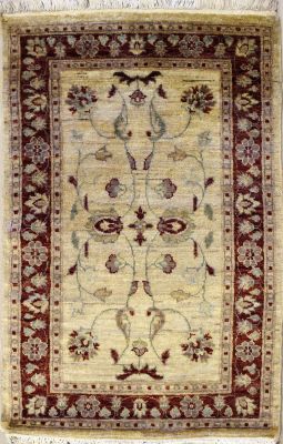2'6x4'2 Chobi Ziegler Area Rug made using Vegetable dyes with Wool Pile - Floral Design | Hand-Knotted in White