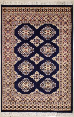 3'0x5'2 Bokhara Jaldar Area Rug with Silk & Wool Pile - Geometric Diamond Design | Hand-Knotted in Blue