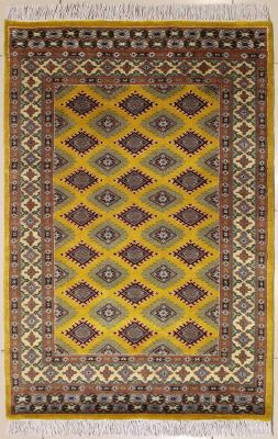 3'1x5'4 Bokhara Jaldar Area Rug with Silk & Wool Pile - Geometric Diamond Design | Hand-Knotted in Gold