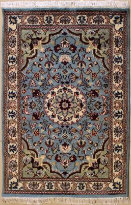 2'6x4'1 Pak Persian High Quality Area Rug with Wool Pile - Floral Design | Hand-Knotted in Greenish Blue