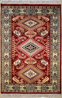 3'1x5'1 Caucasian Design Area Rug with Wool Pile - Geometric Diamond Design | Hand-Knotted in Red