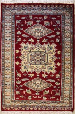 3'0x5'2 Caucasian Design Area Rug with Silk & Wool Pile - Geometric Diamond Design | Hand-Knotted in Red