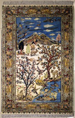 3'1x5'1 Pak Persian Area Rug with Silk & Wool Pile - Pictorial Hunting Shikargah Design | Hand-Knotted in Ivory