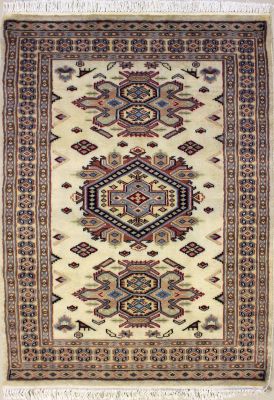 3'0x4'11 Caucasian Design Area Rug with Wool Pile - Geometric Design | Hand-Knotted in White