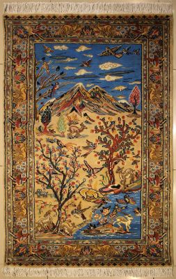 3'1x5'0 Pak Persian Area Rug with Silk & Wool Pile - Pictorial Hunting Shikargah Design | Hand-Knotted in Beige