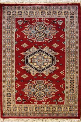 3'0x5'1 Caucasian Design Area Rug with Wool Pile - Geometric Design | Hand-Knotted in Red