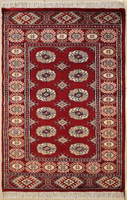 3'1x5'0 Bokhara Jaldar Area Rug with Wool Pile - Special Mori Bokhara Elephant Foot Design | Hand-Knotted in Red