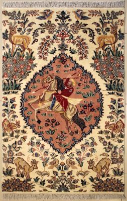 3'1x5'2 Pak Persian Area Rug with Silk & Wool Pile - Pictorial Hunting Shikargah Design | Hand-Knotted in White