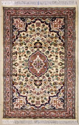 3'2x5'1 Pak Persian Area Rug with Silk & Wool Pile - Floral Design | Hand-Knotted in White