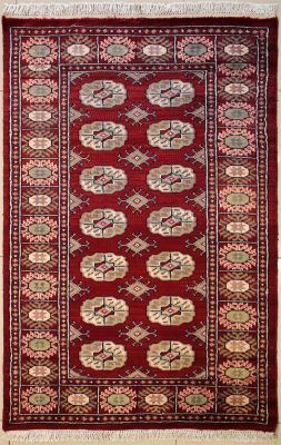 3'2x4'11 Bokhara Jaldar Area Rug with Wool Pile - Special Mori Bokhara Elephant Foot Design | Hand-Knotted in Red