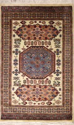 3'1x5'0 Caucasian Design Area Rug with Wool Pile - Geometric Design | Hand-Knotted in White