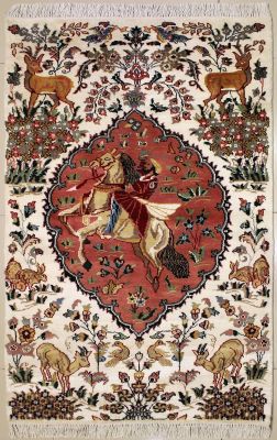 3'1x5'2 Pak Persian Area Rug with Silk & Wool Pile - Pictorial Hunting Shikargah Design | Hand-Knotted in Ivory