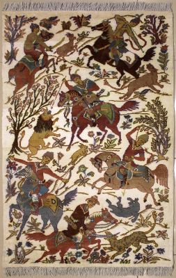 3'2x5'3 Pak Persian Area Rug with Silk & Wool Pile - Pictorial Hunting Shikargah Six Horses Design | Hand-Knotted in Ivory