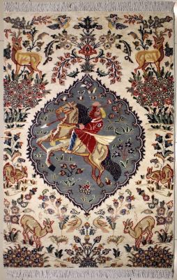 3'1x5'2 Pak Persian Area Rug with Silk & Wool Pile - Pictorial Hunting Shikargah Design | Hand-Knotted in Ivory