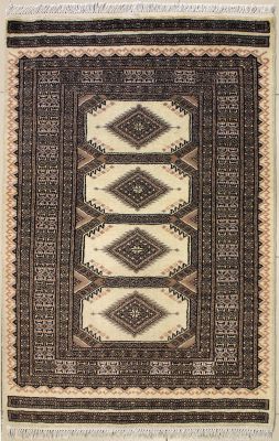 3'1x5'0 Bokhara Jaldar Area Rug with Silk & Wool Pile - Geometric Diamond Design | Hand-Knotted in White