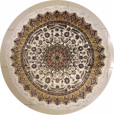 5'0x5'0 Pak Persian Area Rug with Silk & Wool Pile - Floral Design | Hand-Knotted in Ivory