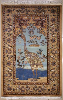 3'2x5'2 Pak Persian Area Rug with Silk & Wool Pile - Pictorial Hunting Shikargah Design | Hand-Knotted in Gold