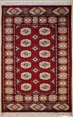 3'1x5'6 Bokhara Jaldar Area Rug with Wool Pile - Special Mori Bokhara Elephant Foot Design | Hand-Knotted in Red