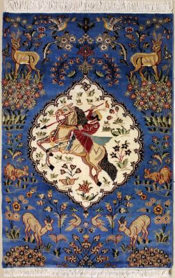 2'11x4'11 Pak Persian Area Rug with Silk & Wool Pile - Pictorial Hunting Shikargah Design | Hand-Knotted in Greenish Blue