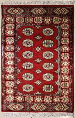 3'4x5'4 Bokhara Jaldar Area Rug with Wool Pile - Special Mori Bokhara Elephant Foot Design | Hand-Knotted in Red