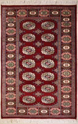 3'2x4'11 Bokhara Jaldar Area Rug with Wool Pile - Special Mori Bokhara Elephant Foot Design | Hand-Knotted in Red