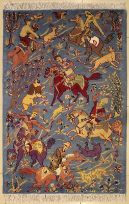 3'3x5'4 Pak Persian Area Rug with Silk & Wool Pile - Pictorial Hunting Shikargah Six Horses Design 