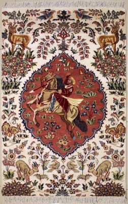3'0x5'5 Pak Persian Area Rug with Silk & Wool Pile - Pictorial Hunting Shikargah Design | Hand-Knotted in Ivory